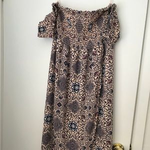 Off the shoulder shirred maxi dress